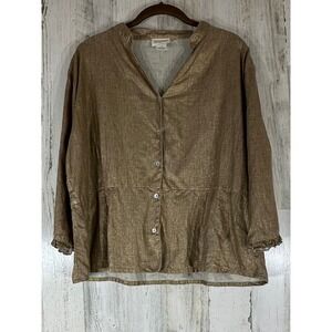 Aegean Button Front Blouse Top Size XL Linen Gold Metallic Ruffle Cuff Peplum‎